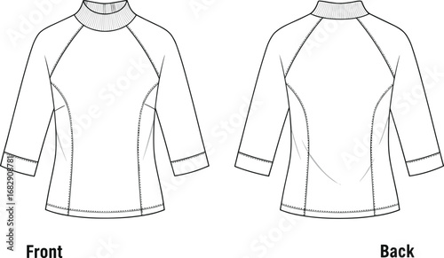Long sleeve top vector, cad drawing flat, front and back view, fashion design sketch, turtleneck shirt illustration, apparel technical drawing, 