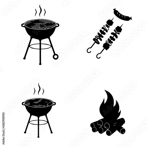 Barbecue filled silhouette set with grills skewers sausages and firewood
