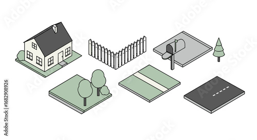 Simple isometric suburban elements set: house, fence, trees, and road segments