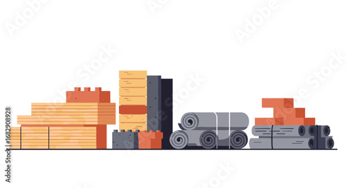 Building materials collection in flat style: wood, bricks, steel, and roofing supplies