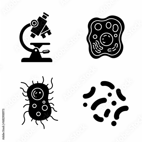 Microscopic life filled silhouette set with bacteria viruses cells