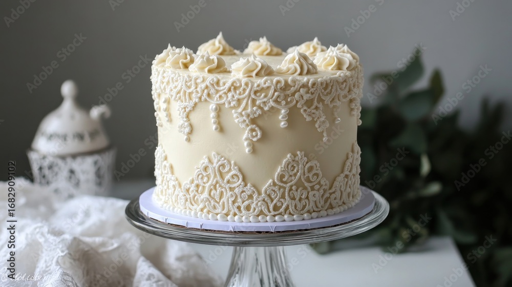 Fototapeta premium Elegant cream-iced cake on stand