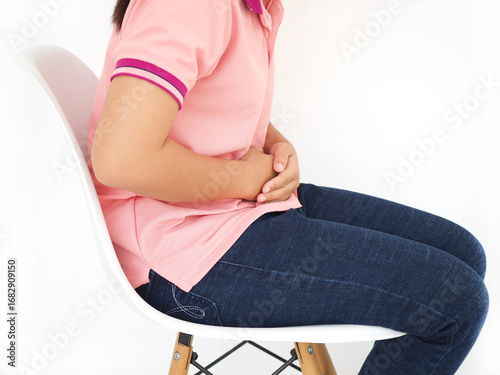 Woman suffering from gastroesophageal reflux disease, indigestion, bloating, abdominal distension. Health and medical concept.