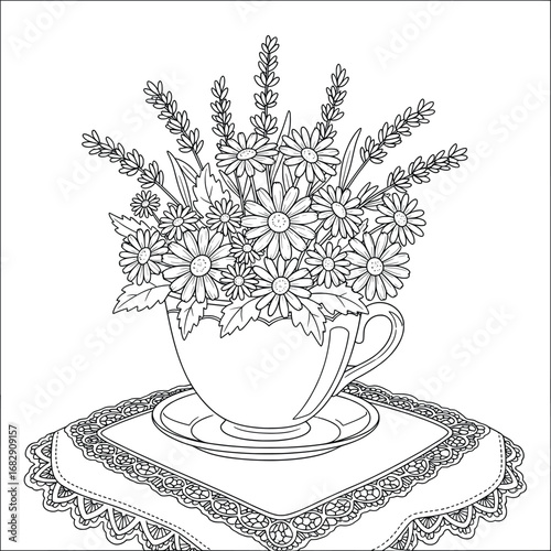 Daisy vector illustration showing a teacup filled with blooming daisies and lavender placed on a decorative lace napkin designed as elegant floral artwork