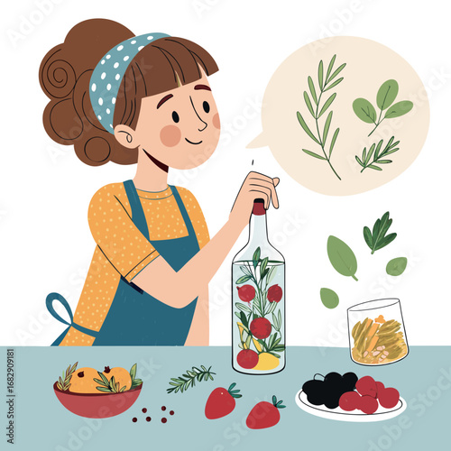 A woman in an apron infusing a bottle with herbs and berries.