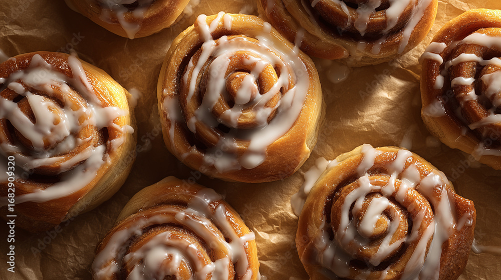 Fototapeta premium Cinnamon rolls drizzled with icing on parchment paper