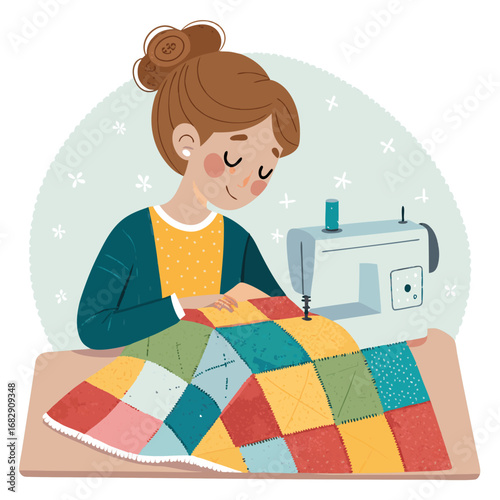 A woman sewing a colorful patchwork quilt on a sewing machine.