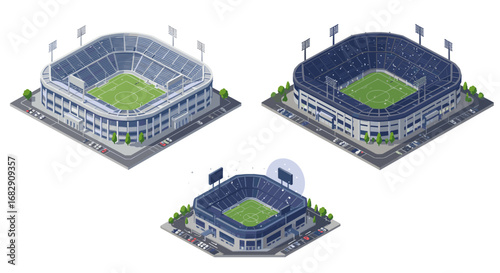 Isometric designs of modern football stadiums with detailed architecture