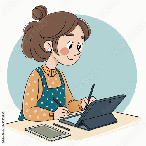 A young female artist drawing on a digital graphics tablet with a stylus.