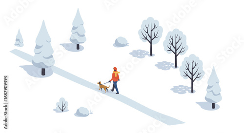Winter walk with dog in snowy park featuring isometric landscape and trees