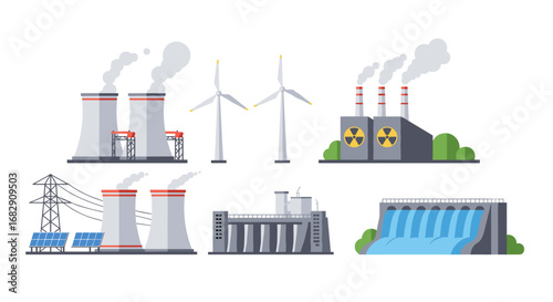 Energy sources: nuclear, wind, solar, and hydroelectric power icons in flat style