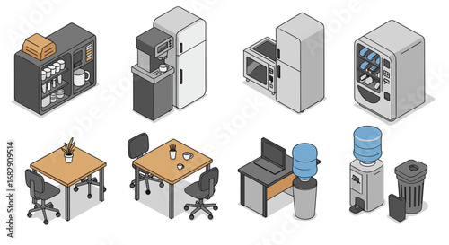 Isometric office appliances and furniture set for modern workspaces
