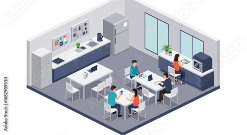 Modern isometric office breakroom with colleagues engaged in work activities
