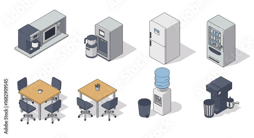 Isometric kitchen and office appliances collection with modern design
