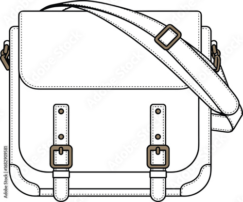 Messenger bag with buckle strap detail, adjustable shoulder strap, flap closure, fashion accessory design, cad drawing flat vector illustration