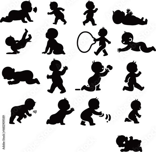 Playful silhouettes of infants showcasing various movements and activities.