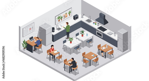 Modern office breakroom with kitchen facilities in isometric design