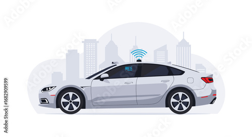 Modern self-driving car in urban cityscape with futuristic technology elements