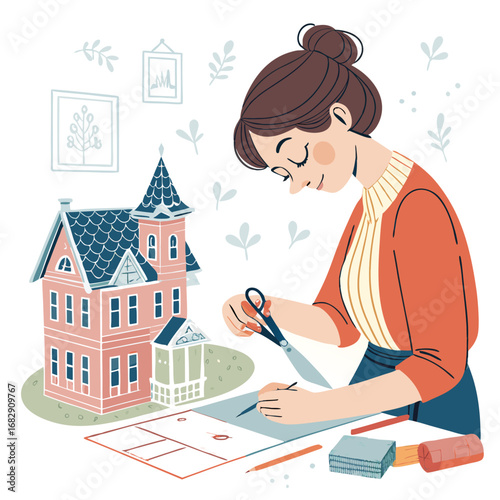 A young woman architect is drawing a plan for a dollhouse.