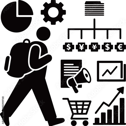 Illustration of a business traveler with financial icons in black and white.