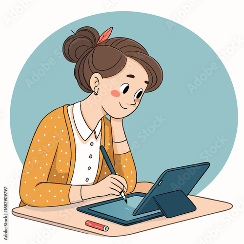 A young woman artist drawing on a digital graphics tablet.