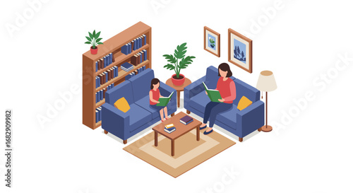 Isometric family reading time in cozy living room with bookshelves and plants