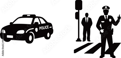 Black and white police icons featuring a car and an officer directing traffic.