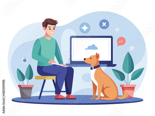 Man working from home with his dog companion sitting beside him
