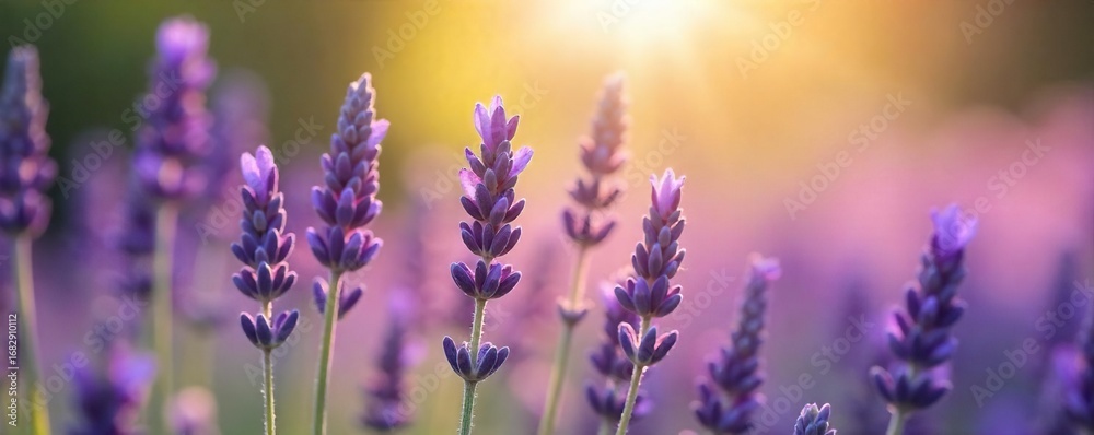 Obraz premium Close-up of fragrant lavender blossoms, bathed in soft sunlight, evoking serenity and spiritual calm Perfect for meditation, yoga, or aromatherapy concepts , wellbeing, sunlight
