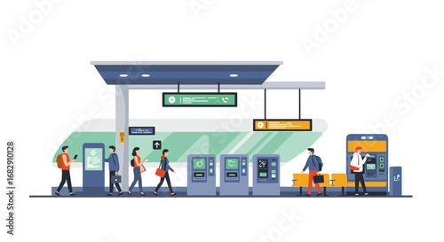 Modern railway station with passengers and ticket machines in flat style