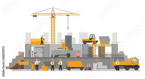 Construction site with workers and machinery in flat design