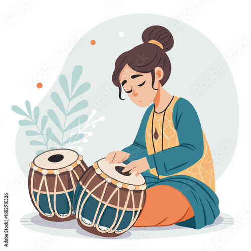 A young woman in traditional Indian attire playing the tabla drums with a focused expression.