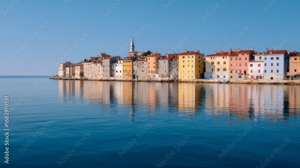 Obraz premium Enchanting pastel-hued harborside at dawn, tranquil Adriatic whispers, quaint European charm reflecting serenity, akin to Rovinj pilgrimage