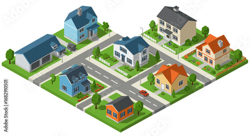 Charming isometric neighborhood with colorful houses and lush greenery