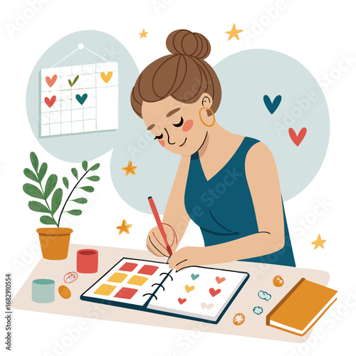 A young woman sitting at her desk and writing in a journal with hearts.