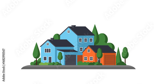 Modern suburban houses with colorful facades and greenery