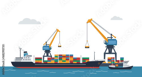 Cargo ship at busy container port with crane and shipping operations in flat design