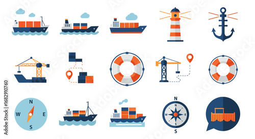 Maritime transportation icons collection featuring ships, lighthouse, and anchors in flat design