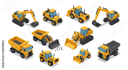 Isometric construction vehicles collection featuring excavators and dump trucks
