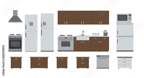 Modern kitchen appliance and furniture set with flat design elements