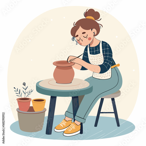 Artisan Woman Crafting a Clay Pot in Her Studio.