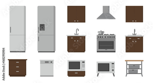 Modern kitchen appliance and furniture set in minimalist flat design