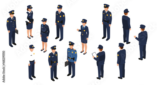 Isometric police officers in uniforms engaged in various activities on a white background