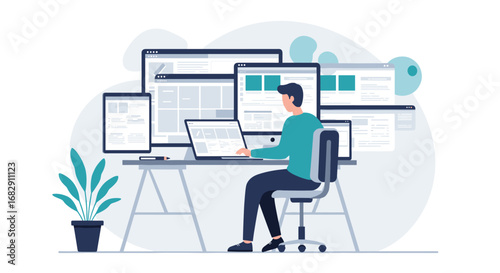 Modern flat design of workspace with multiple screens and developer at desk