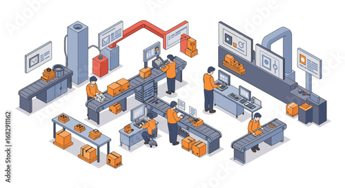 Isometric warehouse automation with workers and conveyor belts in a modern factory setting