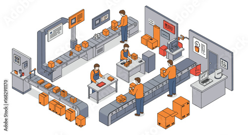 Modern warehouse assembly line with workers and automation in isometric style