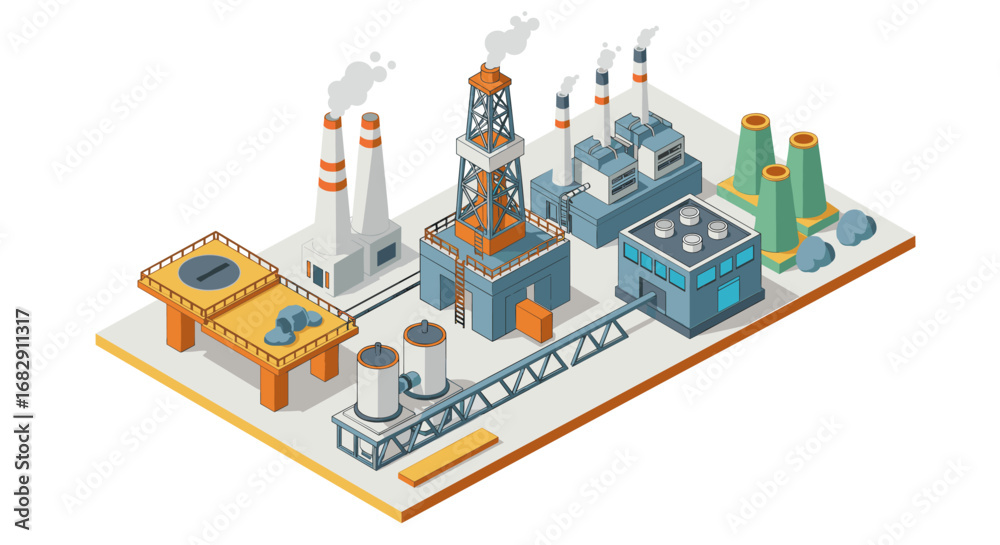 Naklejka premium Isometric industrial complex with factories and smoking chimneys