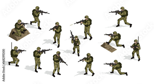 Isometric soldiers in camouflage with rifles in various tactical poses