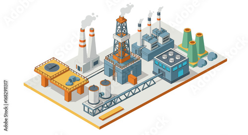 Isometric industrial complex with factories and smoking chimneys