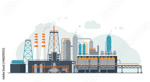 Industrial factory skyline with modern equipment and smoke stacks